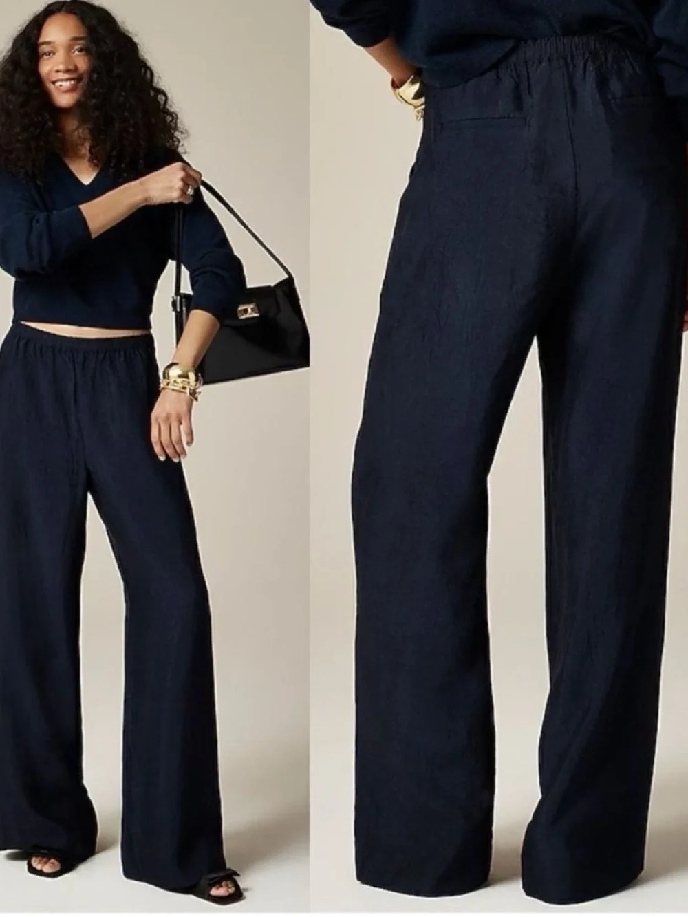 J.Crew High Rise Stratus Wide Leg Pant in Textured Satin Navy Blue Size MP